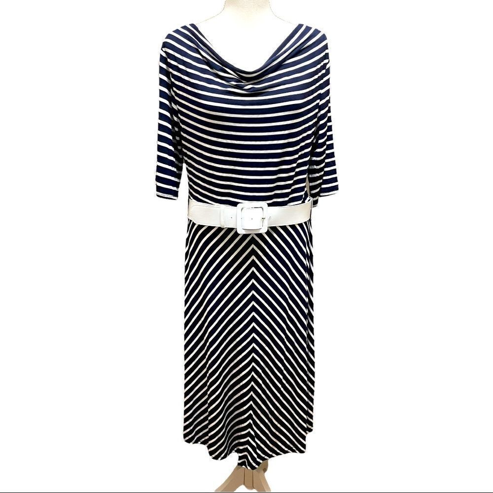 Mikarose Navy White Striped Draped Neck 3/4 Sleeve W/ Belt Jersey Dress Sz XL